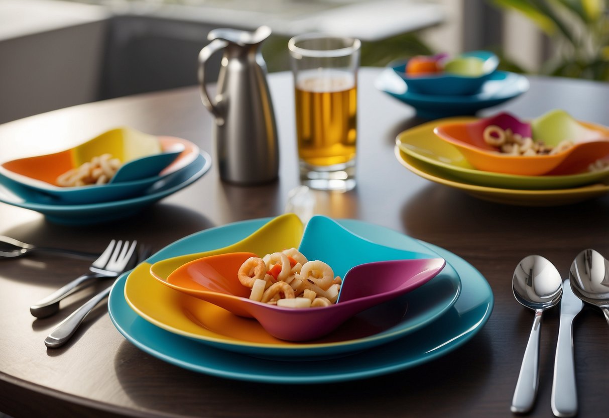 A table set with adaptive utensils: angled forks, spoons with built-up handles, and non-slip grips. A colorful placemat with suction cups keeps everything in place