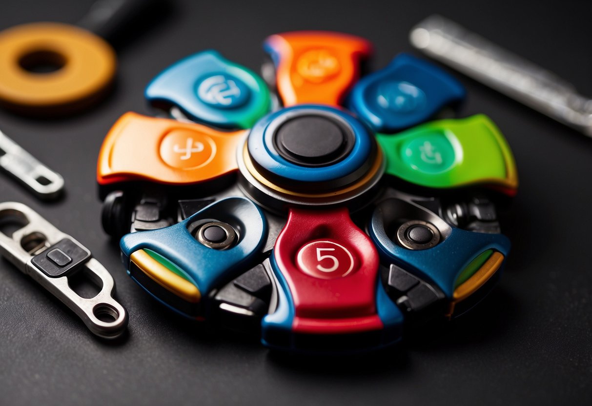 A colorful fidget spinner sits on a flat surface surrounded by other gadgets and tools for special needs families