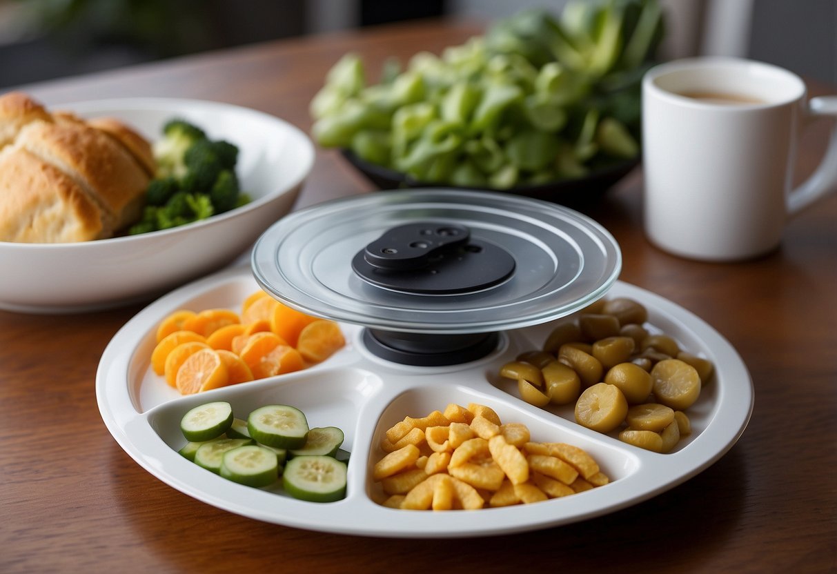 A non-slip adaptive plate sits on a table, with raised edges and suction cups on the bottom. It holds a variety of food items, showcasing its versatility for special needs families