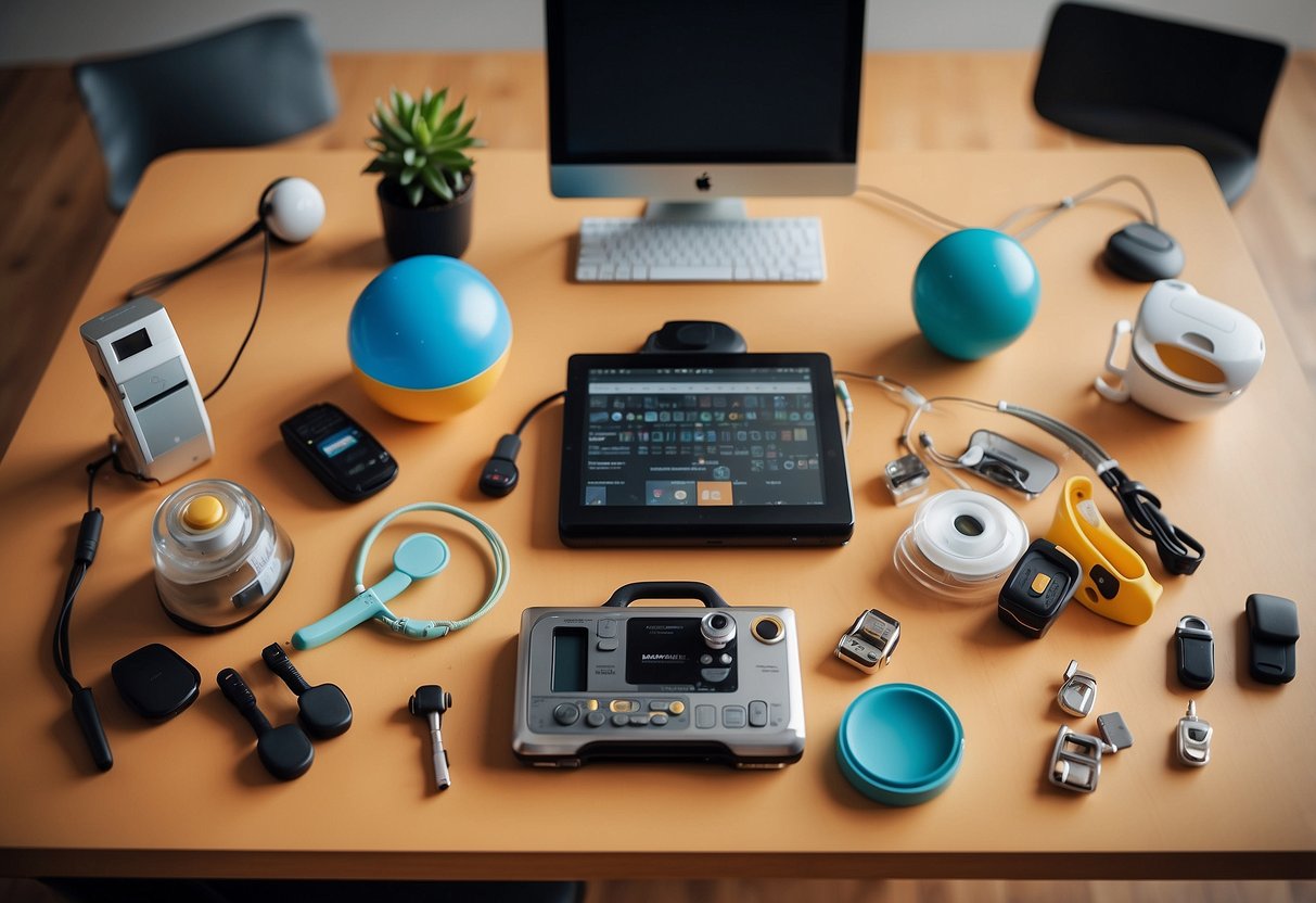 A table with various tools and gadgets for special needs families: communication devices, sensory toys, adaptive utensils, medical equipment, mobility aids