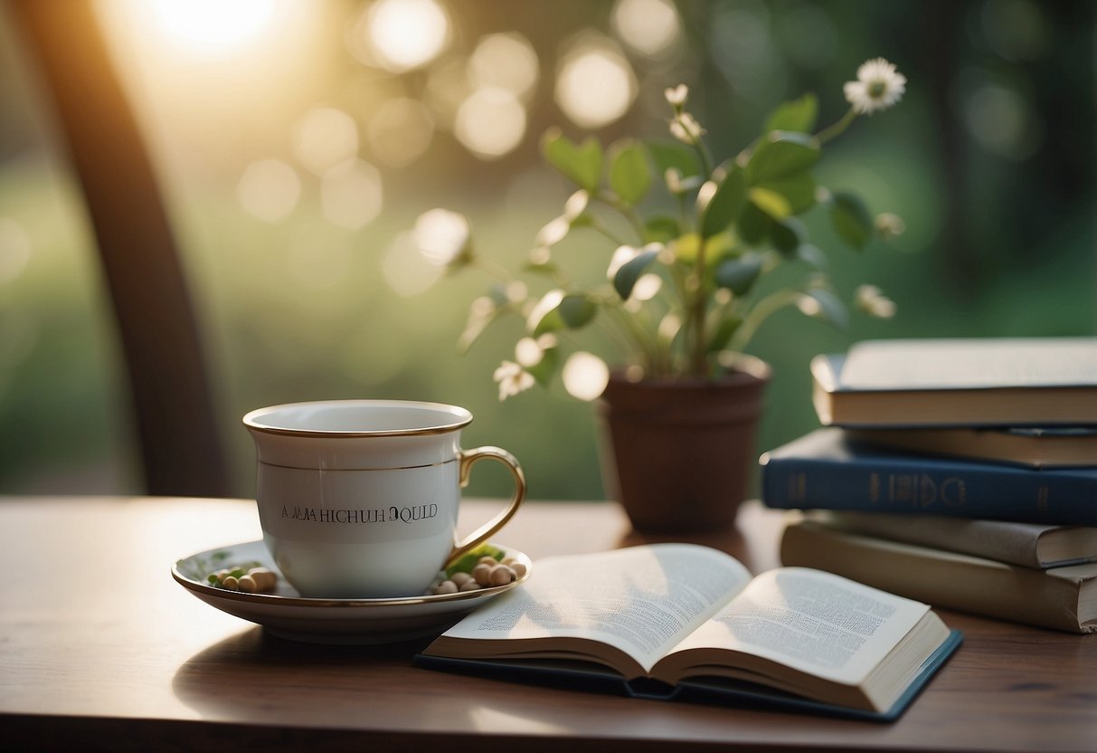 A serene setting with calming elements such as nature, soft lighting, and soothing colors. A parent surrounded by supportive resources like books, a journal, and a support group