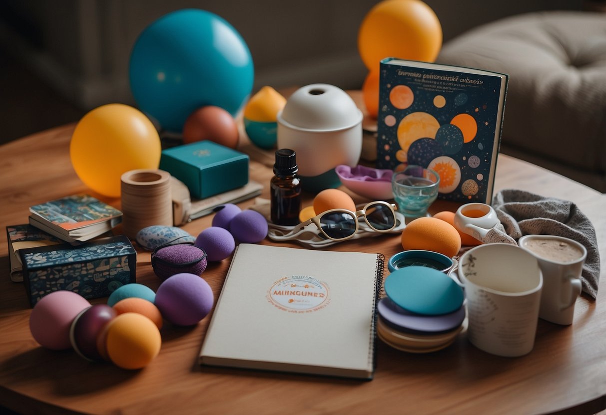 A circle of chairs with a diverse group of objects on a table: stress balls, journals, calming essential oils, soothing music, mindfulness coloring books, and a list of helpful resources