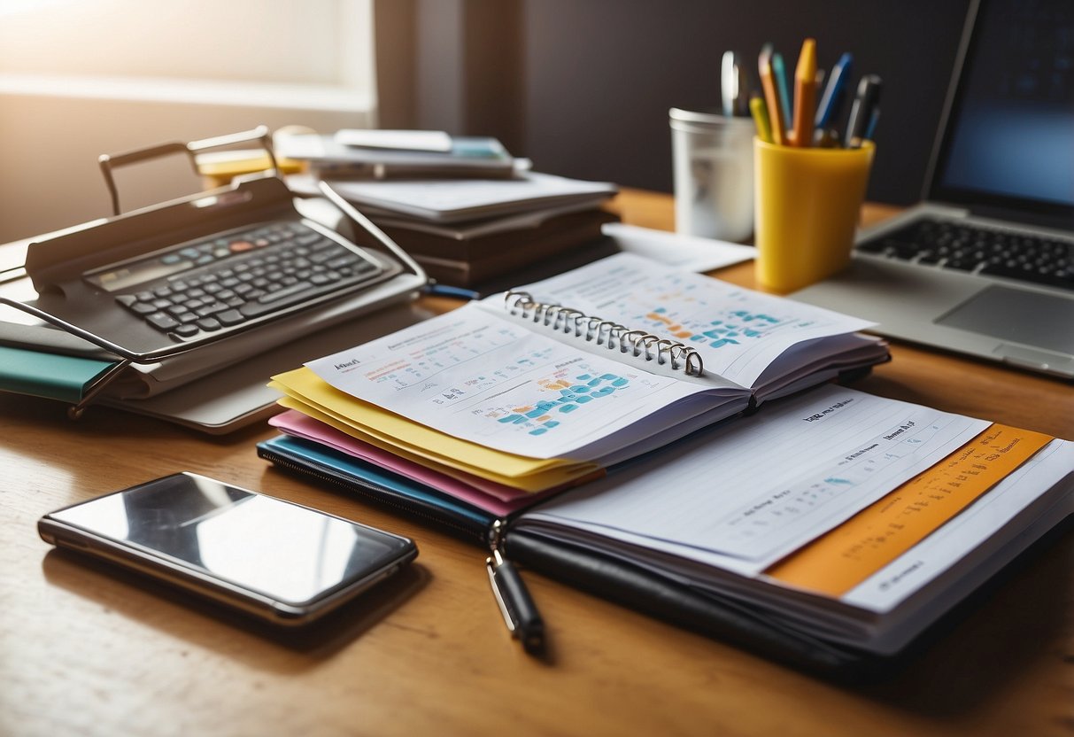 A cluttered desk with a calendar, notebook, and folders. A laptop displaying a schedule and a stack of medical and educational paperwork. A labeled organizer holds pens, highlighters, and sticky notes