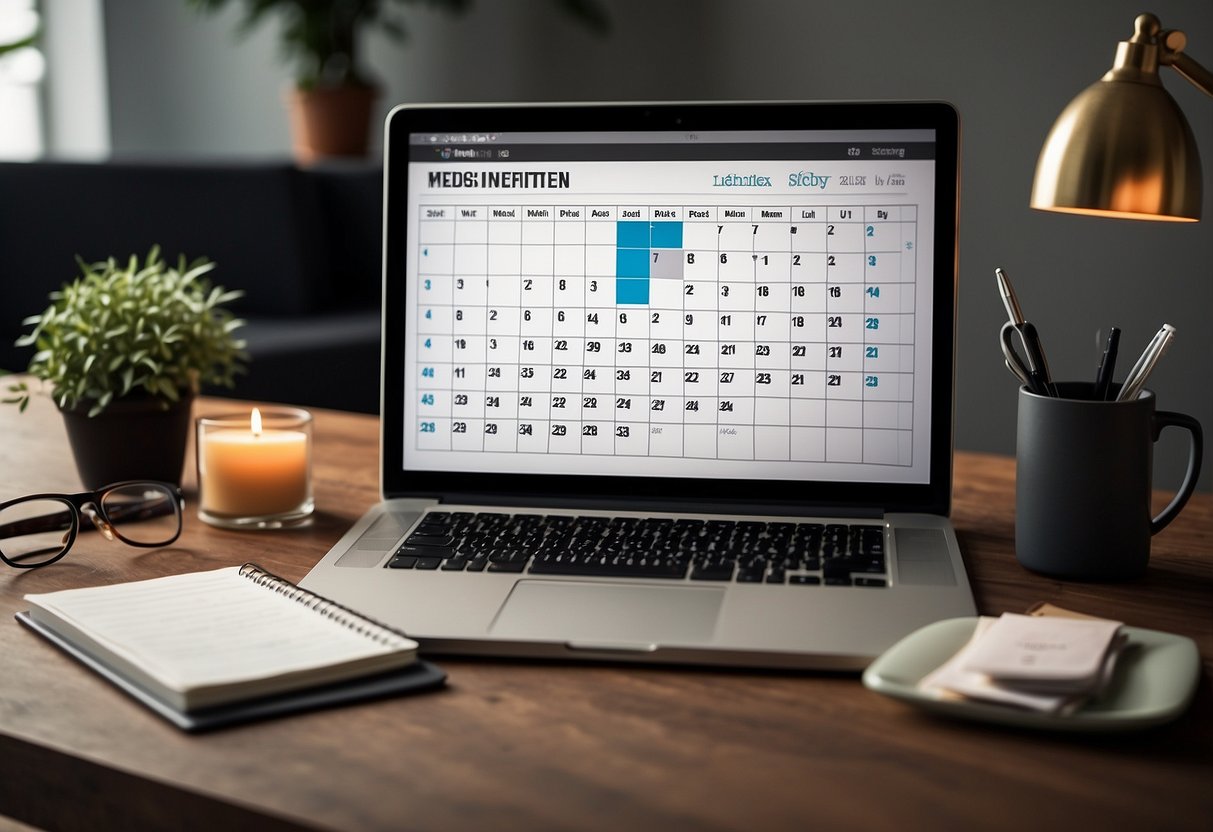 A desk with a calendar, notebook, and pen. Medical and educational appointment reminders on the calendar. A laptop open to a weekly planning session