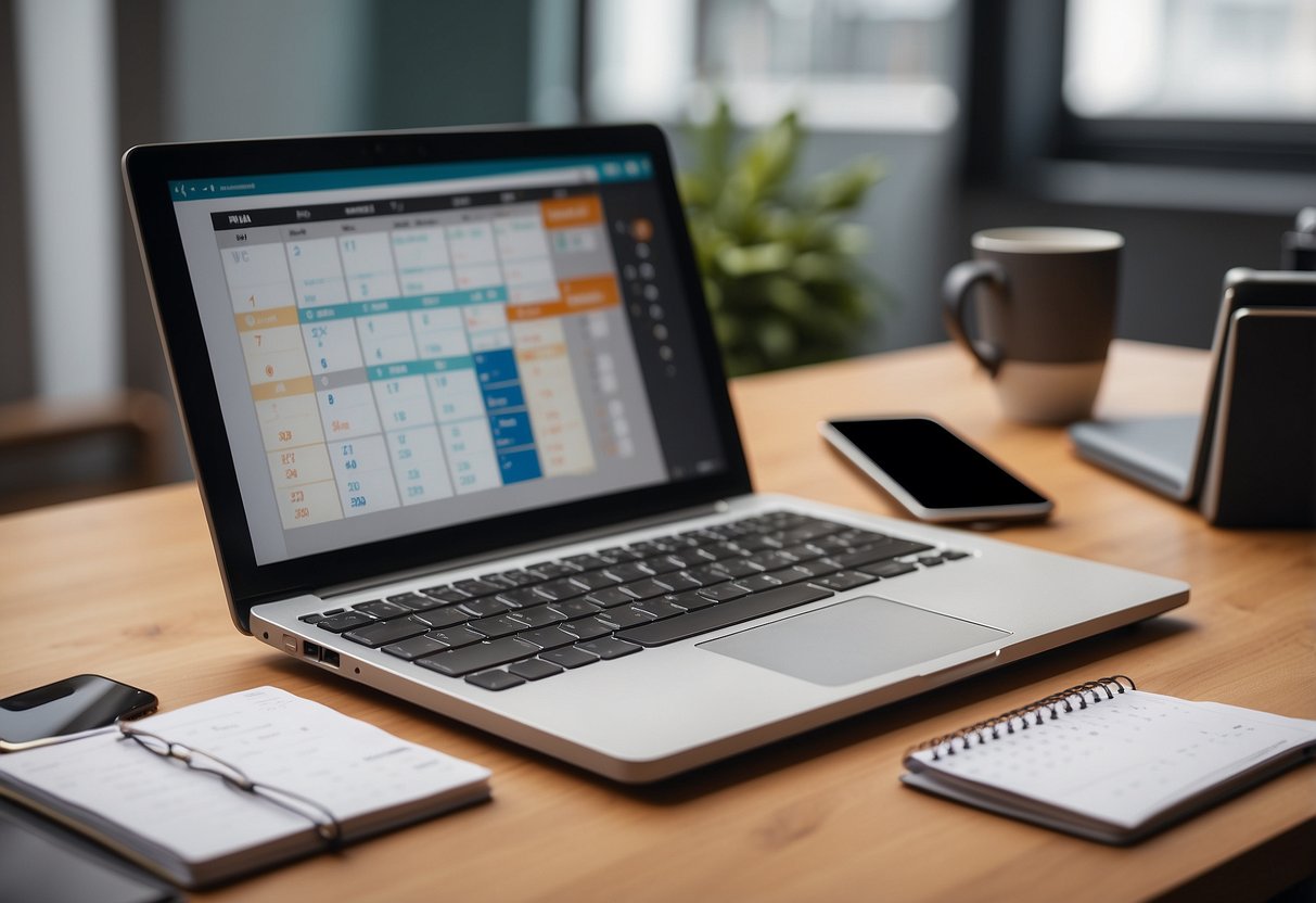 A tidy desk with a calendar, planner, and labeled folders. A clock on the wall shows different appointment times. A laptop and phone sit neatly on the desk