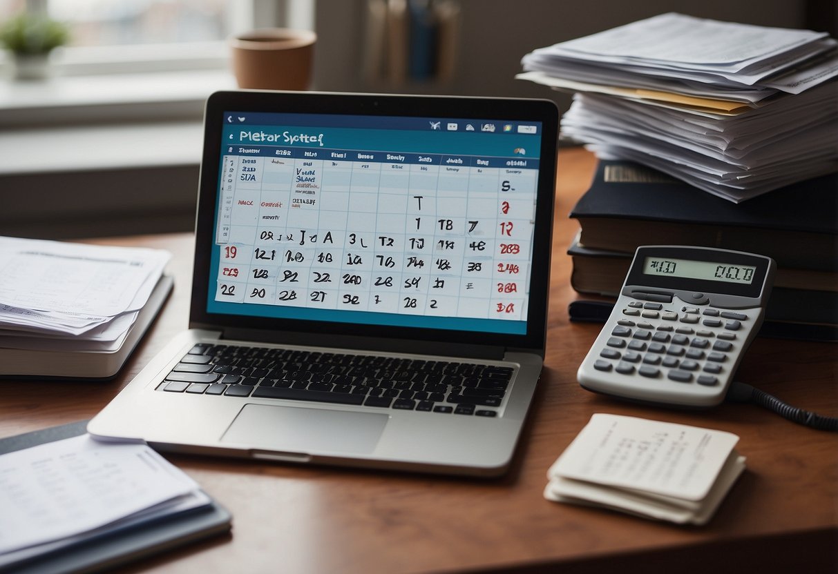 A cluttered desk with a calendar, medical forms, and educational materials. A phone with messages and a laptop with scheduling software. A person seeking support resources online