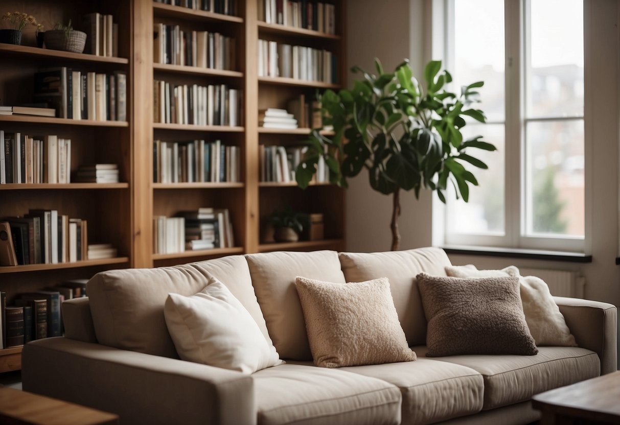 A cozy living room with soft, neutral colors, plush pillows, and warm lighting. A bookshelf filled with calming literature and a peaceful indoor plant create a tranquil atmosphere