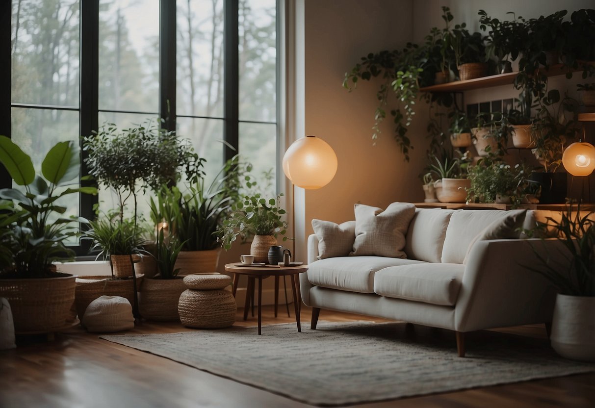 A serene room with soft lighting, cozy furniture, and plants. A tranquil atmosphere with calming colors and natural elements