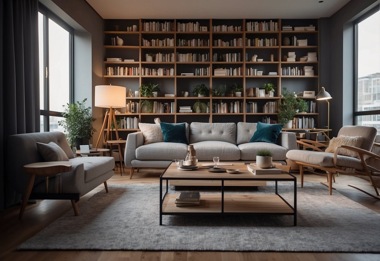 A clutter-free living room with minimal furniture and soft lighting. Books and decor neatly organized on shelves. A serene and inviting atmosphere