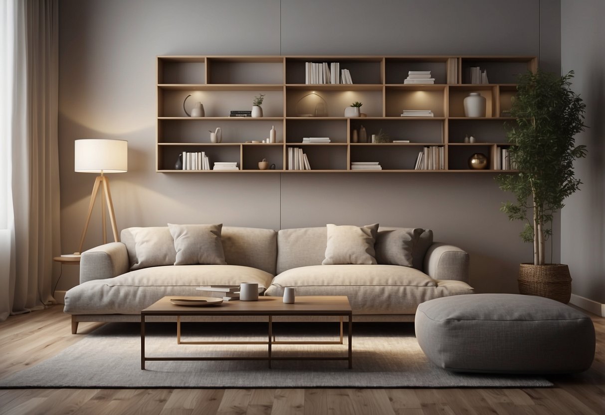 A serene living room with minimalist shelves and bins. Soft lighting and neutral colors create a calming atmosphere. A cozy reading nook invites relaxation