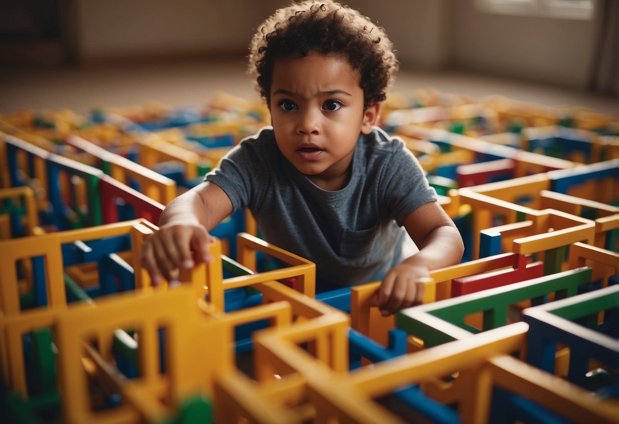 A parent calmly navigating a maze of obstacles, using problem-solving skills and support resources to overcome unexpected challenges in special needs parenting