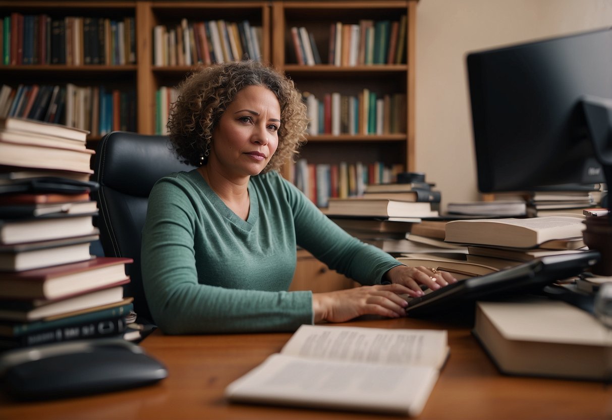 A parent sits at a desk, surrounded by books and papers. A phone and computer are nearby. The parent looks determined and focused, seeking professional guidance for handling unexpected challenges in special needs parenting