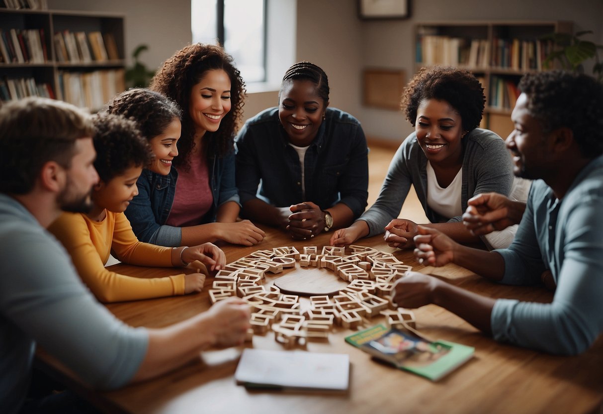 A group of diverse individuals gather in a circle, offering emotional support and sharing strategies for handling unexpected challenges in special needs parenting. Books and resources are scattered around the group, symbolizing knowledge and guidance