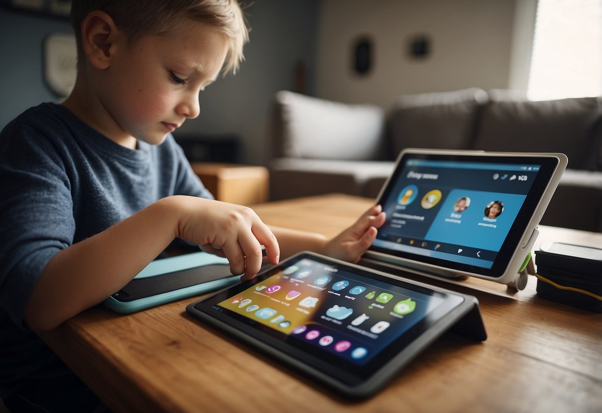 A parent uses a tablet to access 10 strategies for handling unexpected challenges in special needs parenting. The tablet displays various technological aids and resources for support