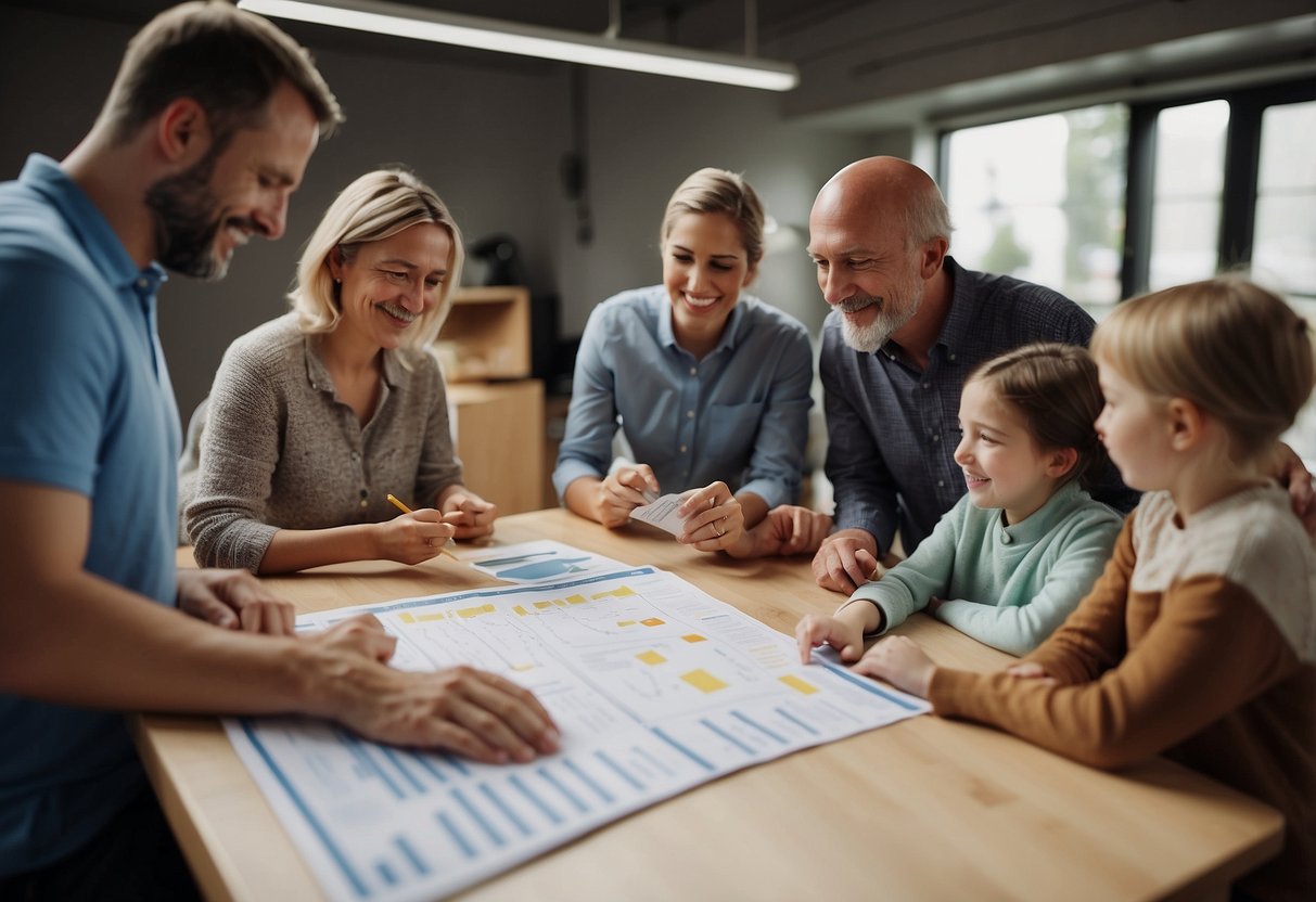 Parents gather in a workshop, exchanging tips and support. Charts and visuals display strategies for handling unexpected challenges in special needs parenting