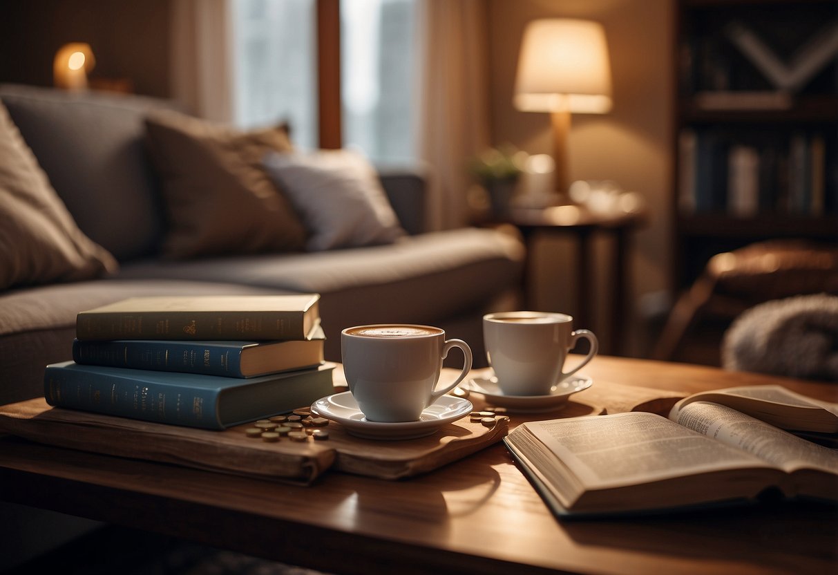 A cozy room with a warm, inviting atmosphere. A parent sits with a cup of tea, surrounded by calming activities like books, puzzles, and soothing music