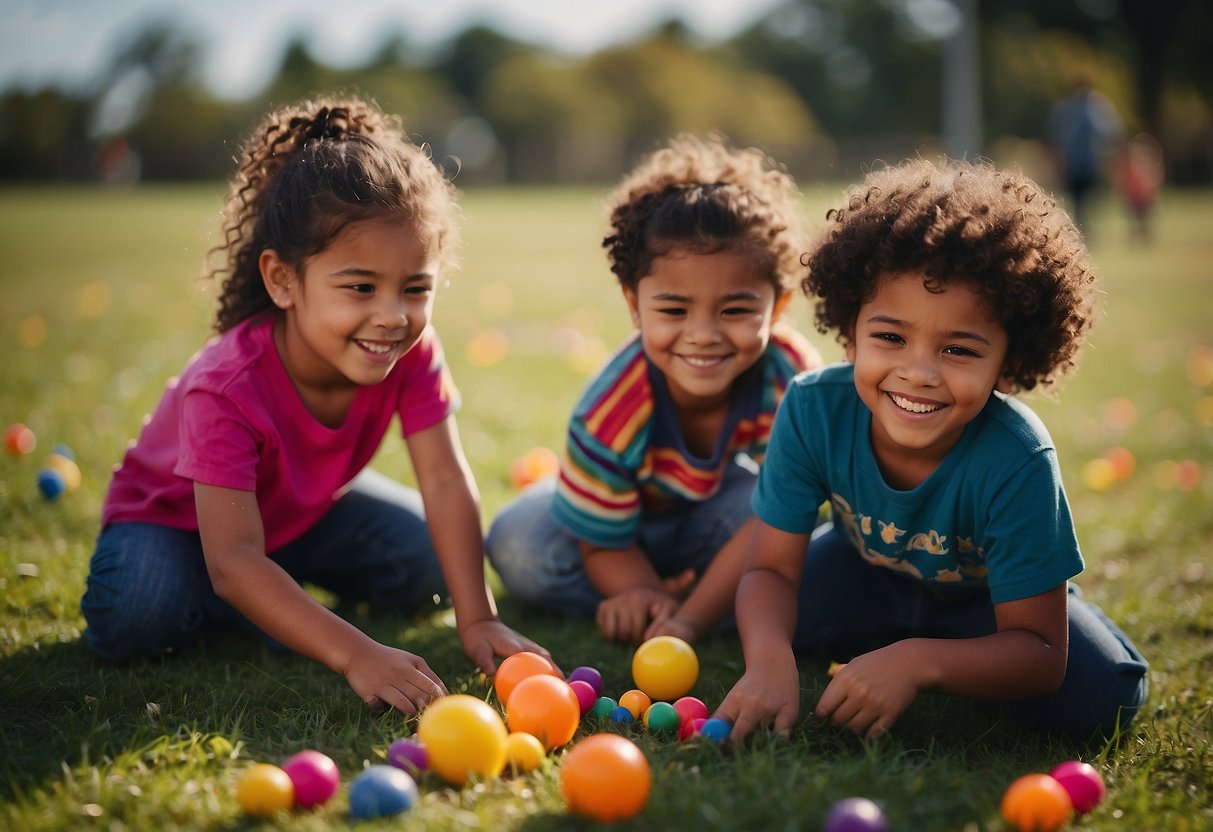 Children playing together in a safe and inclusive environment. A diverse group of kids engaging in various activities independently, supported by caregivers