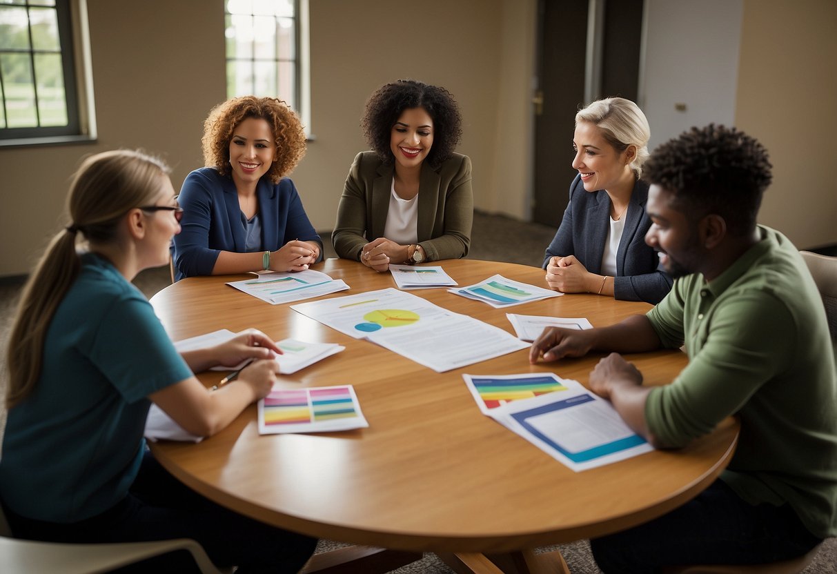 A group of diverse individuals gather around a table, discussing and collaborating on creating an effective IEP for a child. Papers, charts, and educational materials are spread out, showing active engagement and involvement of key stakeholders