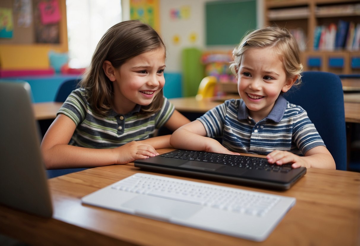 A child's desk with a laptop, braille display, and communication device. A teacher and parent sit at the table, discussing the child's needs