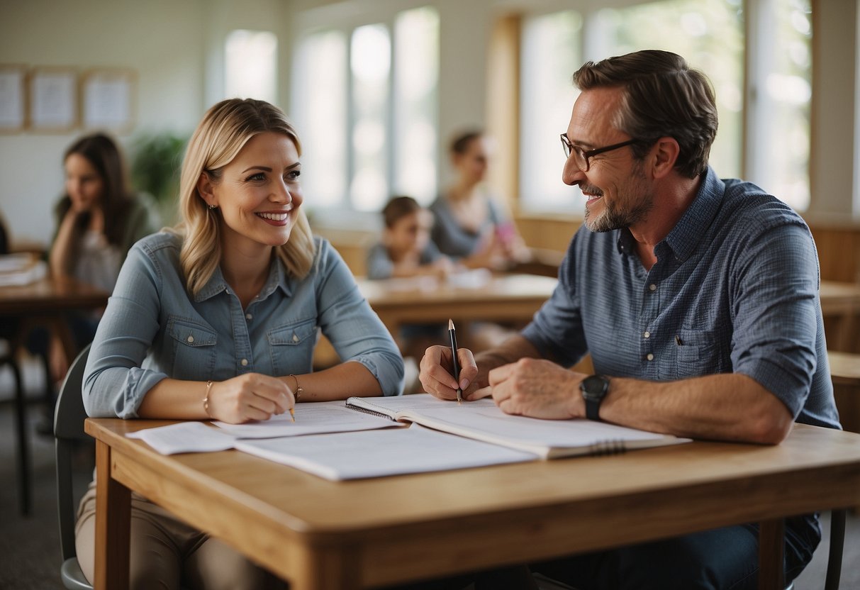 A parent and teacher sit at a table, discussing the child's Individualized Education Plan. Papers and notebooks are spread out, showing collaboration and communication