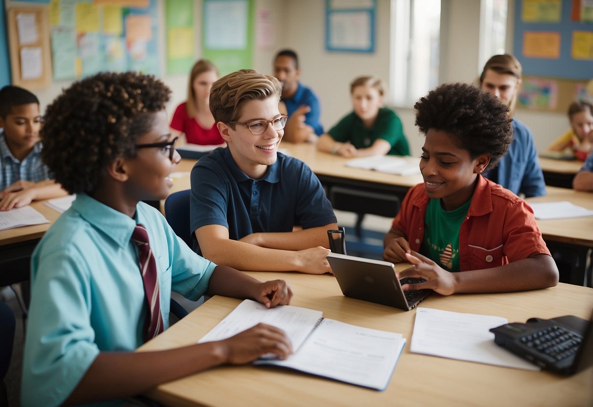 A diverse group of students with various abilities and needs sit in a classroom, while a teacher and a special education coordinator discuss strategies and resources. A stack of paperwork, a calendar, and a computer with educational software are visible on the desk