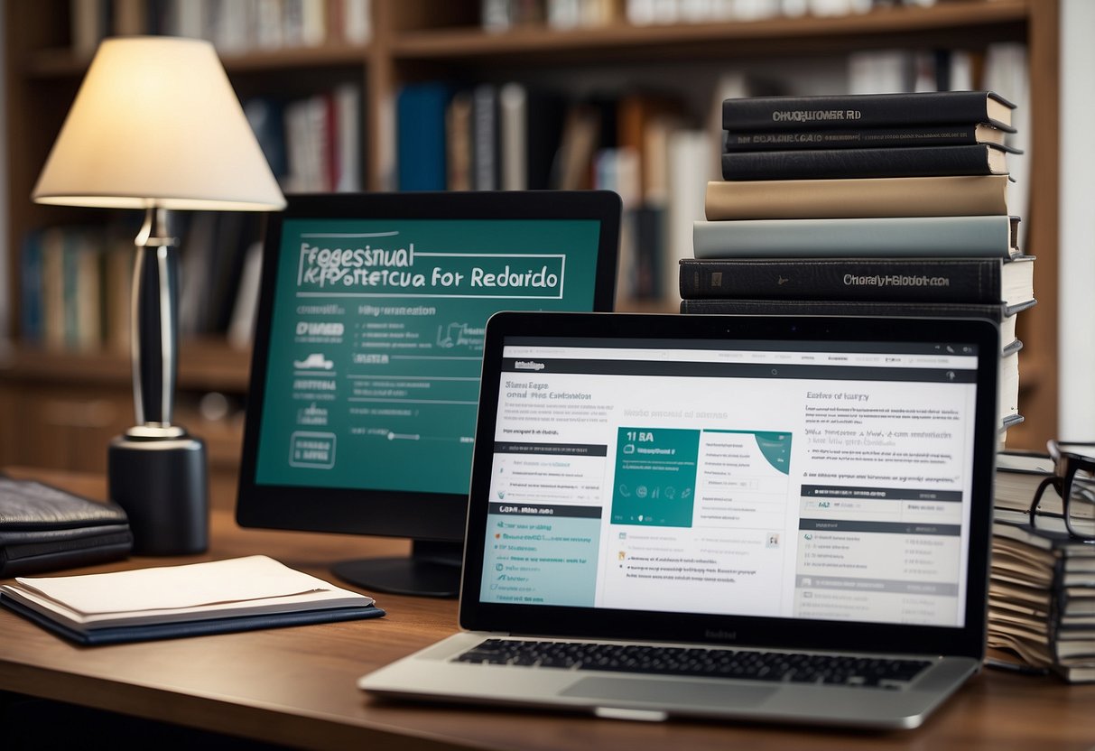 A desk with neatly organized files, a computer screen displaying educational resources, a stack of books on special education, and a checklist of 7 tips