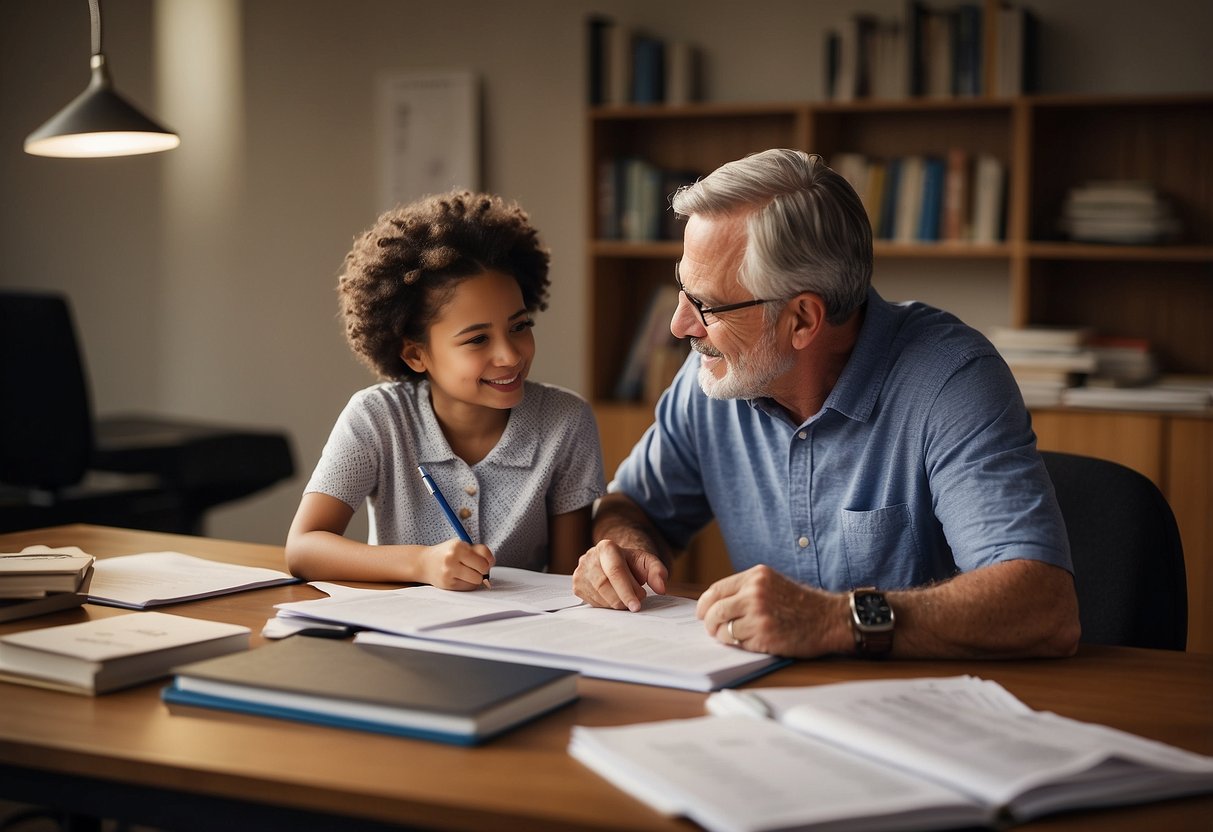 A parent and a teacher sit at a table, reviewing paperwork and discussing a child's education plan. A stack of books and resources sits nearby