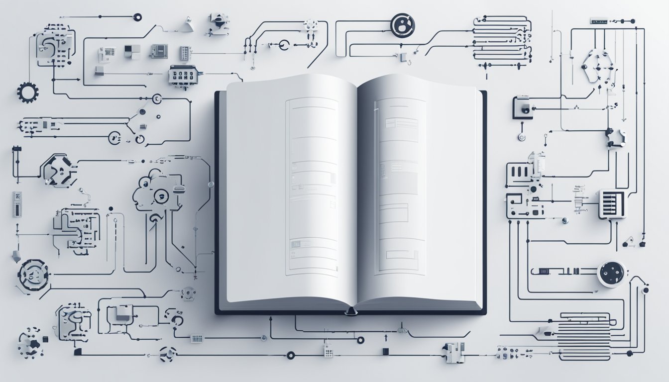 An open book with the words "open source AI" on the cover, surrounded by computer code and circuitry symbols