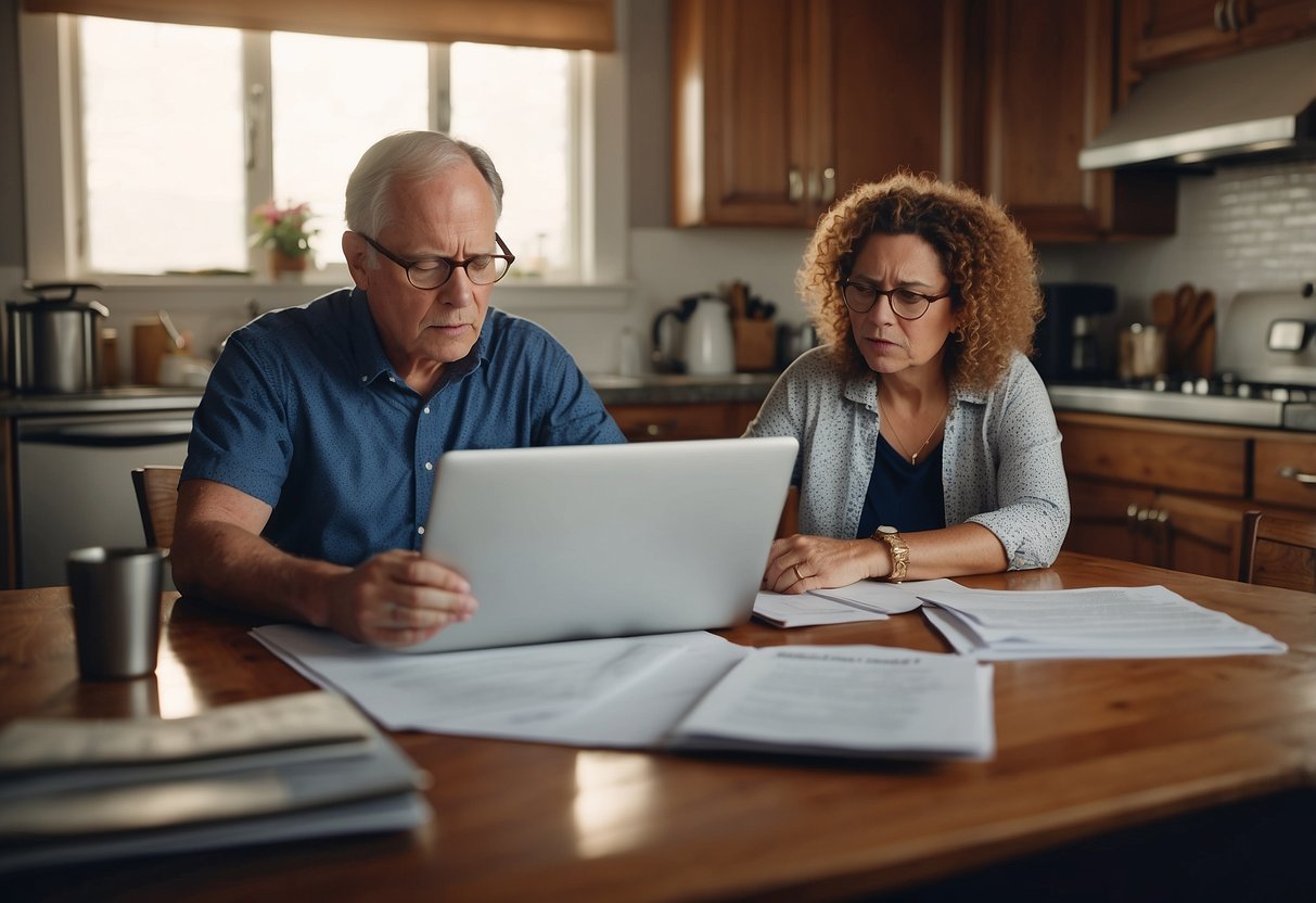Parents reviewing IEP documents at a cluttered kitchen table, surrounded by paperwork and looking confused. A laptop displaying educational resources is open in front of them