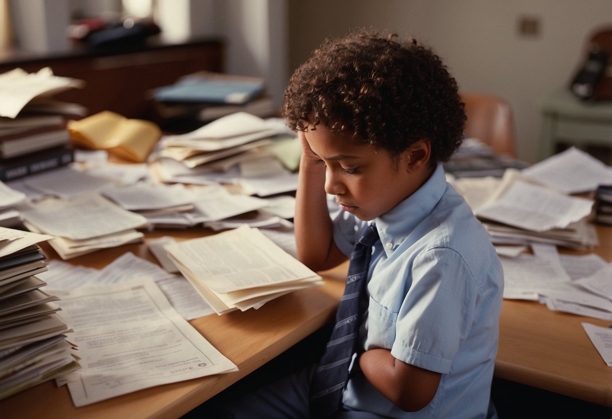 A cluttered desk with scattered papers and a confused parent reading an IEP document, surrounded by question marks and a sense of frustration
