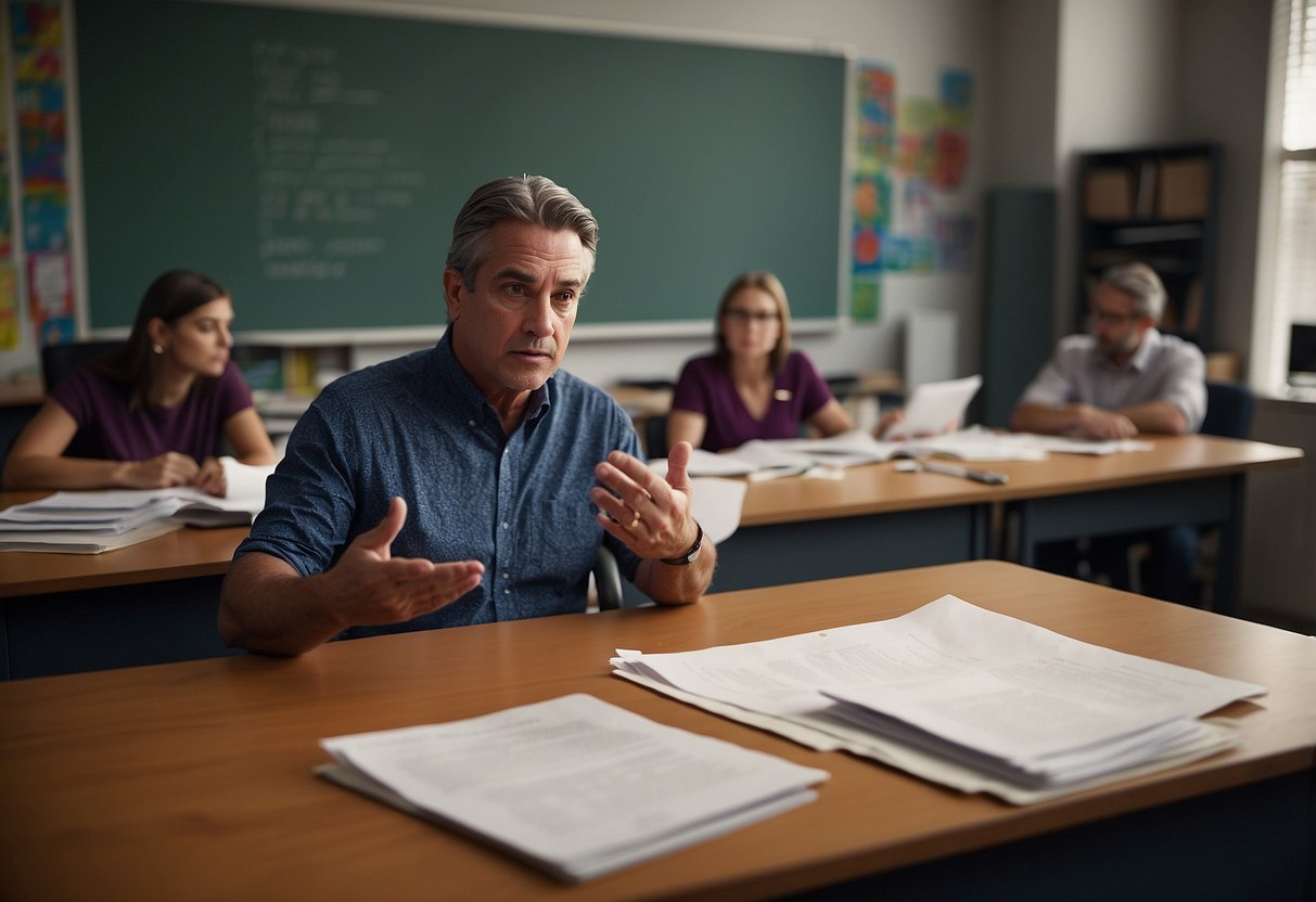A parent sits at a desk, surrounded by paperwork and looking frustrated. A teacher stands nearby, gesturing and speaking, but the parent seems disengaged