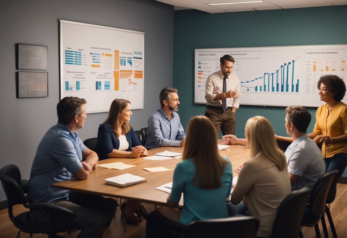 A group of parents and educators discussing IEP mistakes. Charts and graphs on the wall. Collaborative and focused atmosphere