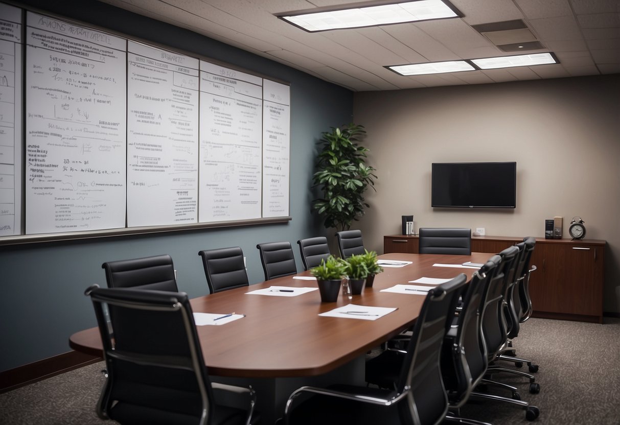 A table with 8 chairs, papers, and pens. A whiteboard with "IEP Meeting" written on it. A clock on the wall