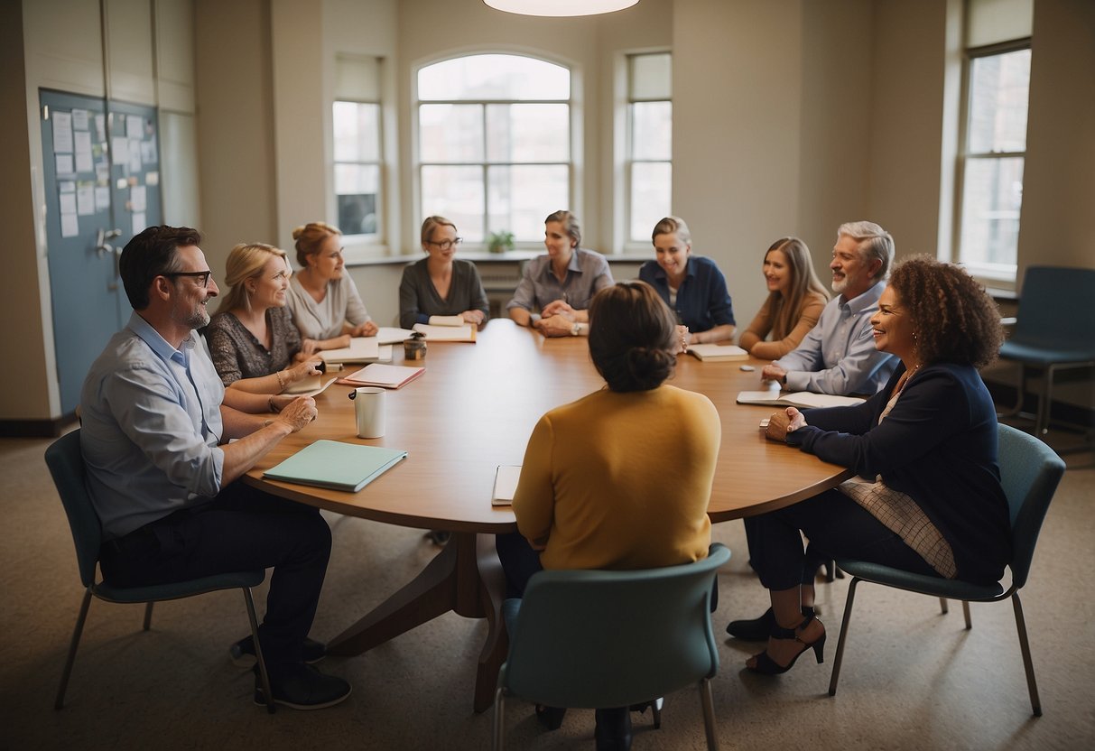 A parent sits at a table, surrounded by educators. A list of 8 questions is placed in front of them. The room is filled with a sense of collaboration and determination