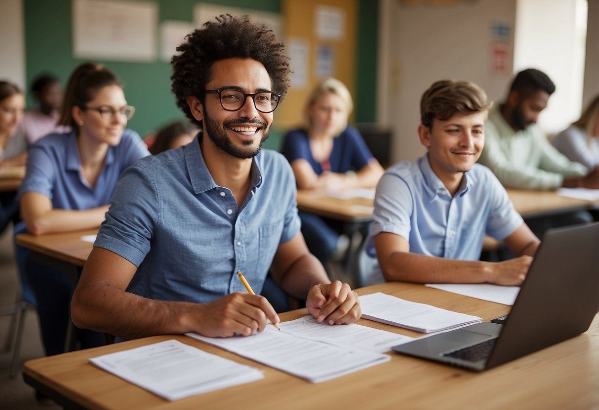 A teacher sits at a table, surrounded by papers and a laptop. A checklist of 8 questions is visible. The teacher is engaged in conversation with a group of professionals, discussing plans for addressing a child's behavioral and social needs