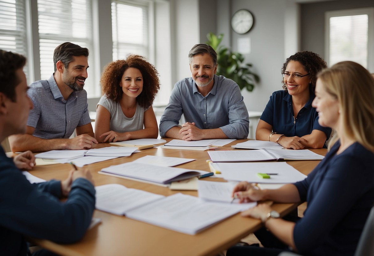 A parent sits at a table surrounded by educators and specialists, engaged in discussion. Documents and notebooks are spread out, as the group collaborates on a plan for the child's education