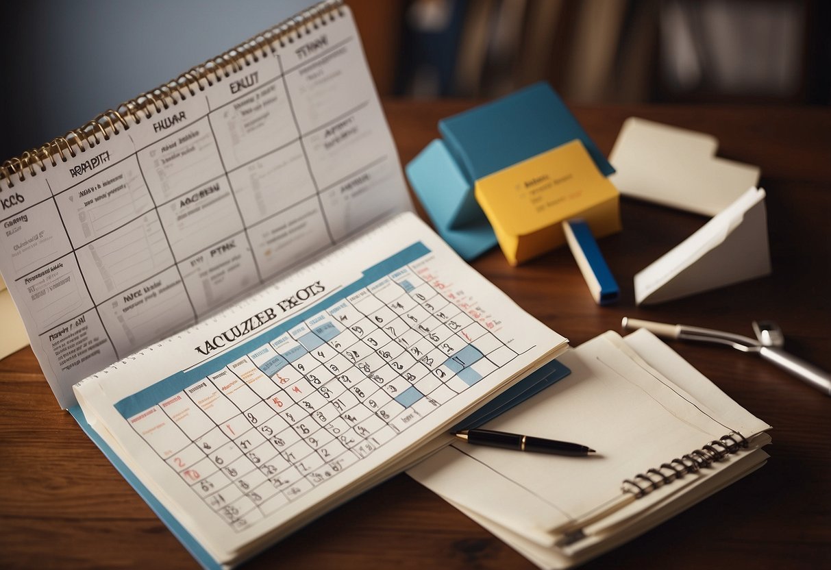 A calendar with crossed out dates, a stack of unopened progress reports, a list of outdated goals, and a frustrated parent with a puzzled look