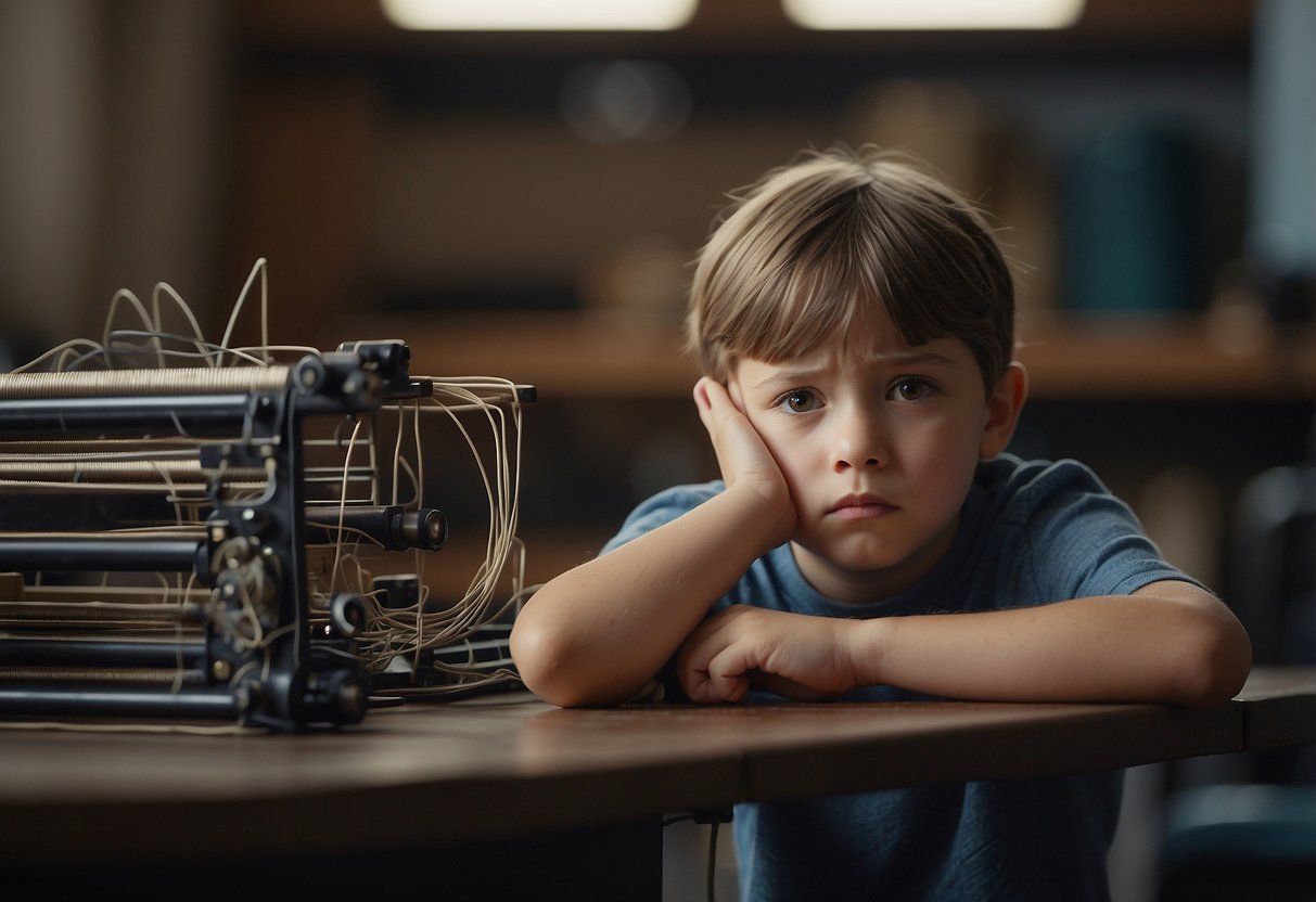 A frustrated child struggles with inadequate support, while 10 signs of an outdated IEP loom in the background