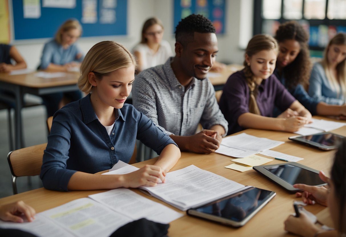 A classroom with diverse learning tools and materials, a teacher reviewing paperwork, and a group of students with varying abilities working together