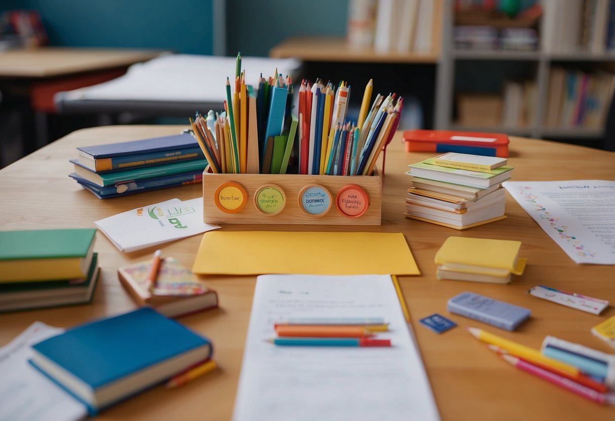 A child's desk with educational resources, a parent meeting with a teacher, a child engaged in learning, a supportive school environment, and a collaborative team effort