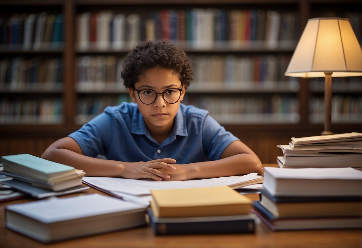 A parent sits at a desk surrounded by books, papers, and a laptop. They are deep in thought, with a determined look on their face as they research strategies for advocating for their child's educational needs