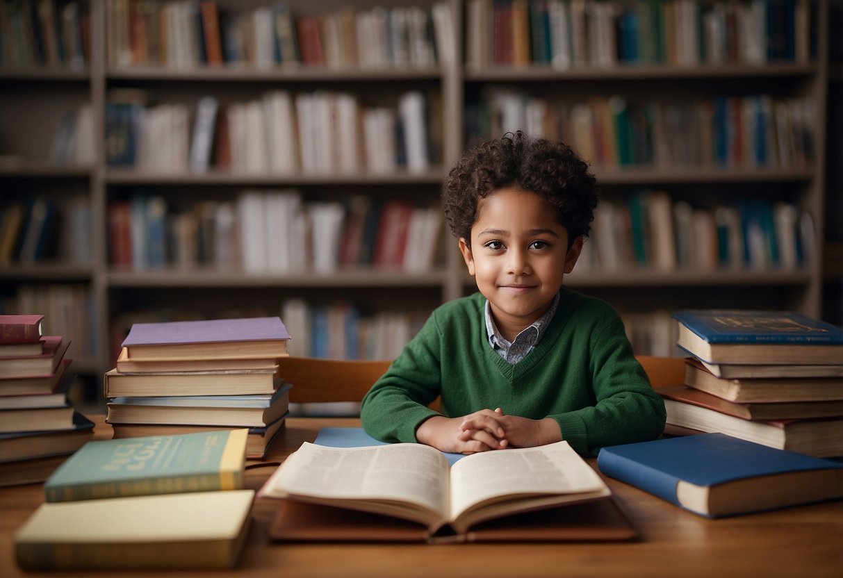 A child sits at a desk, surrounded by books and educational materials. A parent stands beside them, advocating for their educational rights