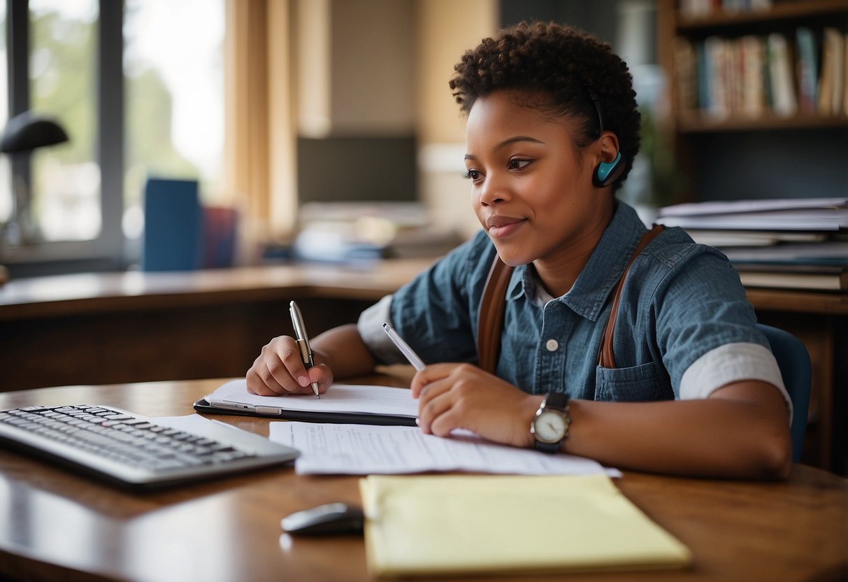A parent sitting at a desk, surrounded by educational materials and paperwork. They are on the phone, speaking assertively while taking notes. A computer screen shows a list of strategies for advocating for their child's educational needs