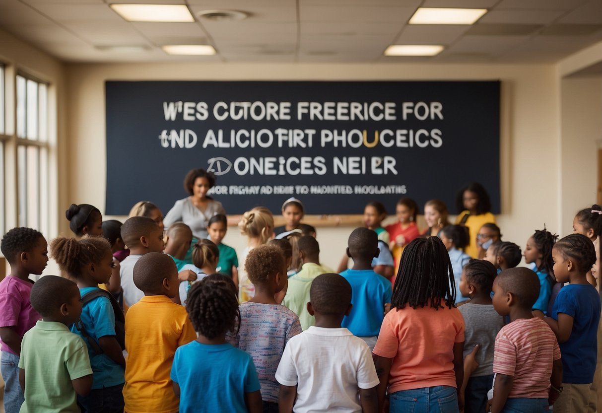 A group of people gather around a community center, sharing resources and advocating for educational needs. Signs and banners display the 7 strategies for advocating for children