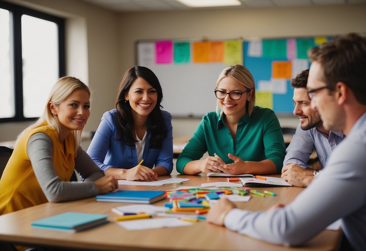 Teachers and school staff gathered around a table, exchanging ideas and collaborating on a project. Books, papers, and colorful markers scattered across the table, with a whiteboard in the background displaying brainstormed ideas