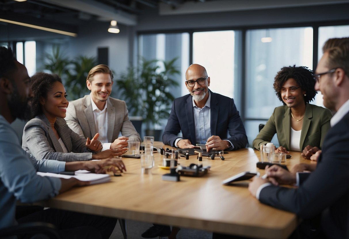 A group of diverse professionals gather around a table, each holding their respective tools of expertise. They engage in open and respectful communication, exchanging ideas and working together to achieve a common goal