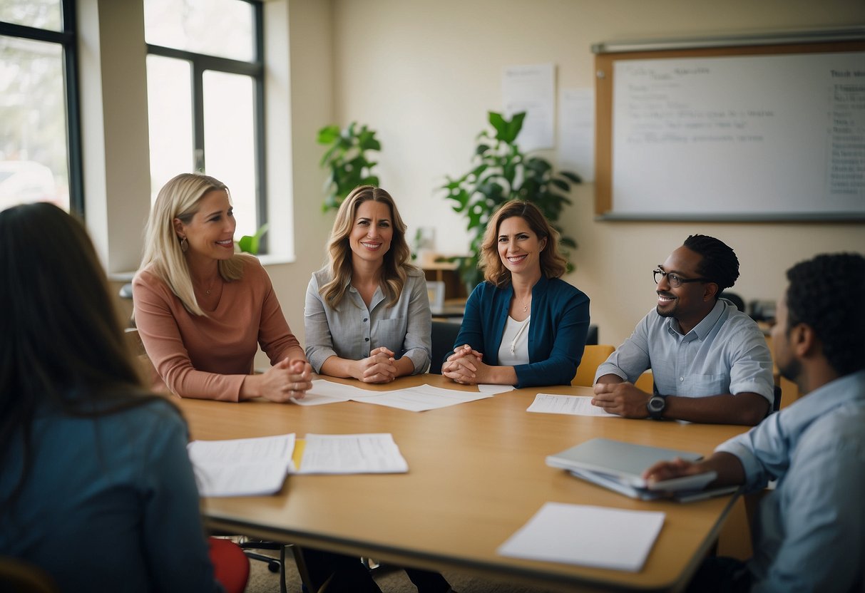Teachers and staff discussing, sharing ideas, and giving feedback in a collaborative and open-minded manner