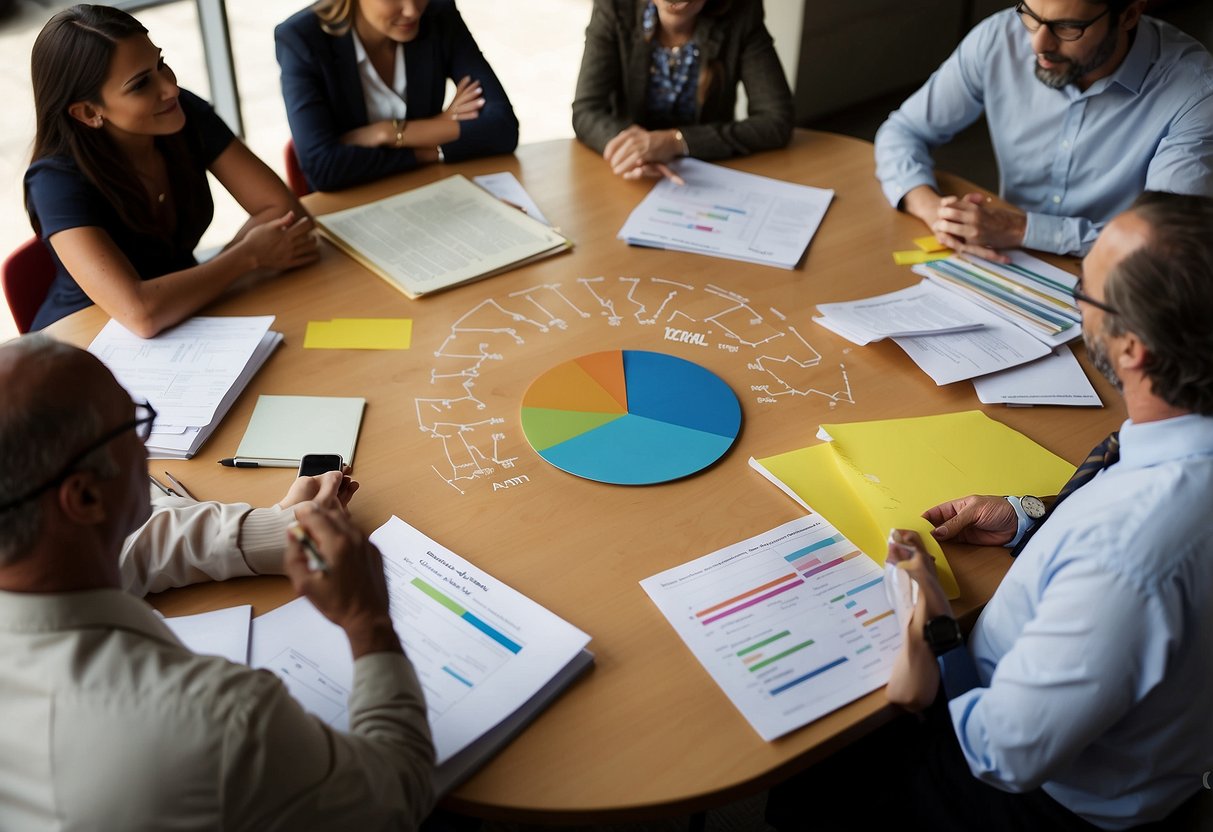 Teachers and school staff gather around a table, exchanging ideas and collaborating. Charts and graphs are displayed, and everyone is engaged in conversation, listening and sharing their thoughts