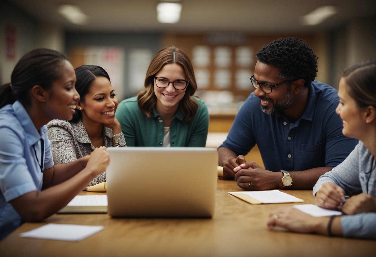 Teachers and staff working together, sharing ideas and resources, communicating effectively, and supporting each other in a collaborative environment