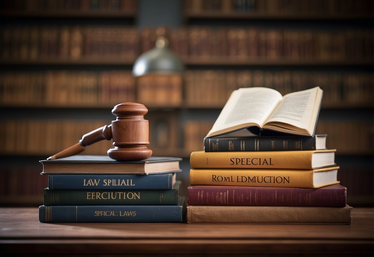 A stack of legal books, a computer with open webpages, a pencil, and a notebook on a desk with a "Special Education Laws and Rights" title